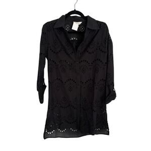 Women's M A Diva Black Eyelet-Embroidered Cover-Up Shirtdress Cotton